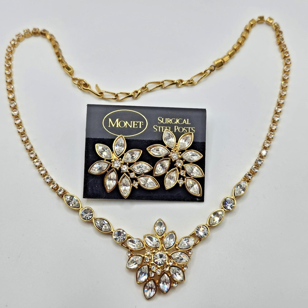 Vintage Monet Floral Crystal Earrings & Necklace Clear Marquise Gold Tone